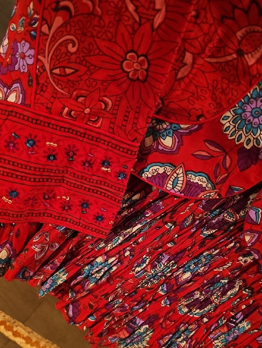 Red Floral Smocked Maxi Skirt - Women Skirt Set - Picture 10 of 11